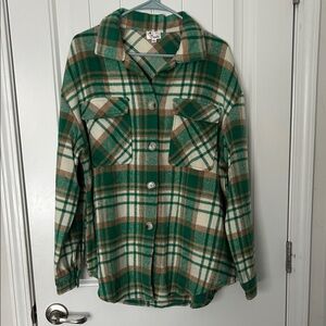 Green and Tan Plaid Button-Up Shirt